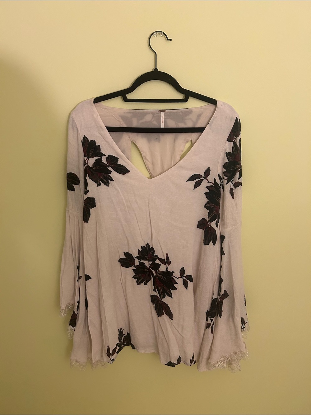 Free People White Floral V-Neck Bell Sleeve Tunic